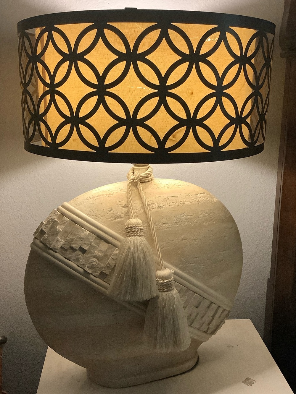 Vintage Table 90’s Decorative Lamp, Unique Metal Shade, Tassel Accent